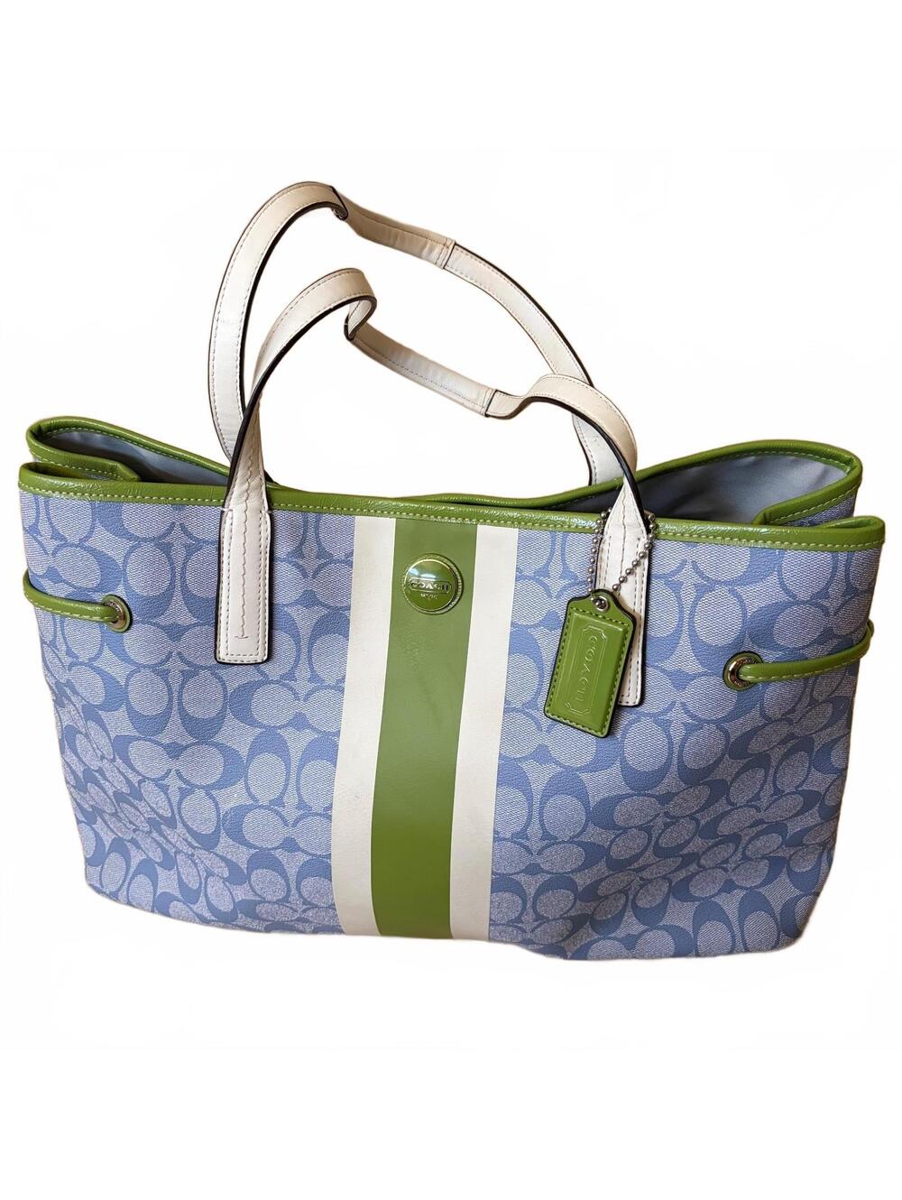 Coach Signature Stripe Carryall Tote Shoulder Satchel Purse F22908 Blue Green